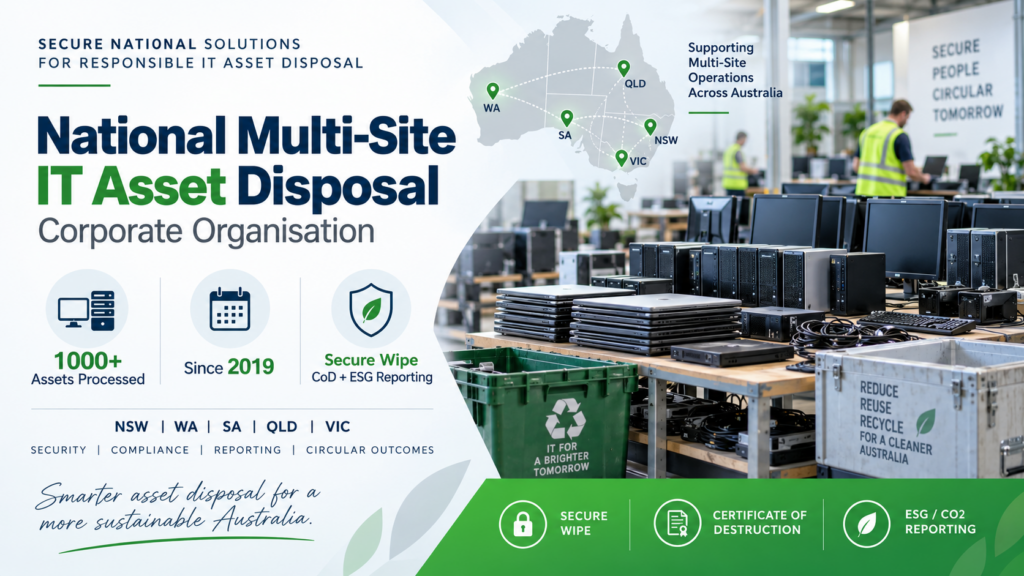 National multi-site IT asset disposal case study showing retired laptops, desktops and monitors processed across NSW, WA, SA, QLD and VIC with secure wipe and ESG reporting.