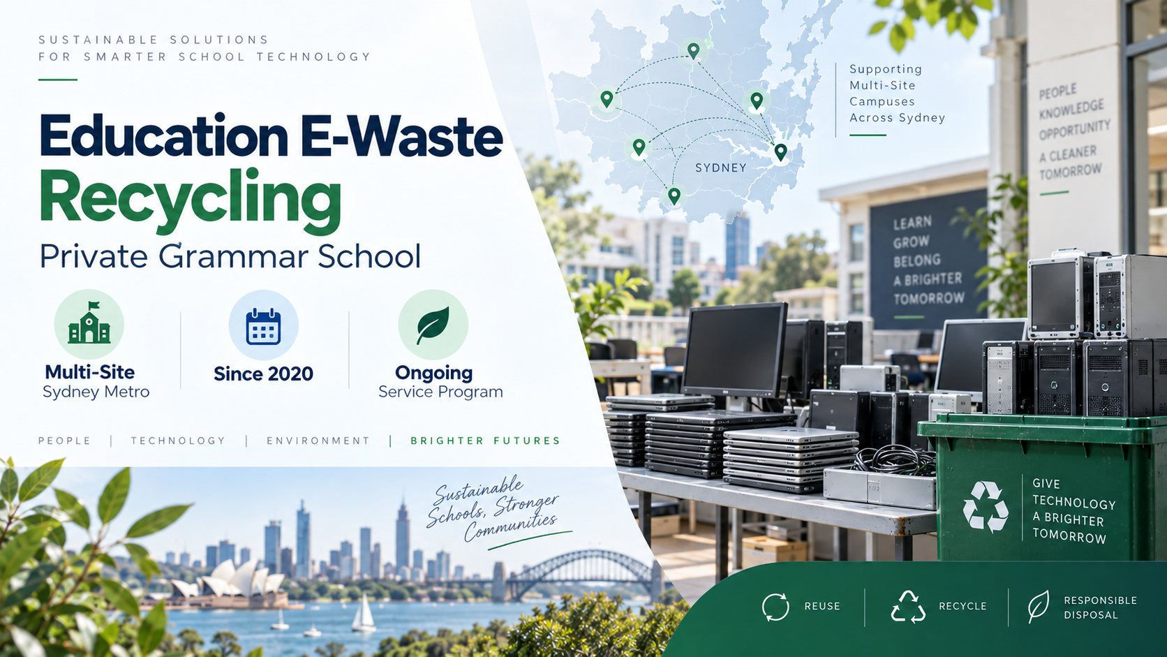 Education e-waste recycling case study showing retired laptops, desktops and monitors collected from multiple private school campuses across Sydney.