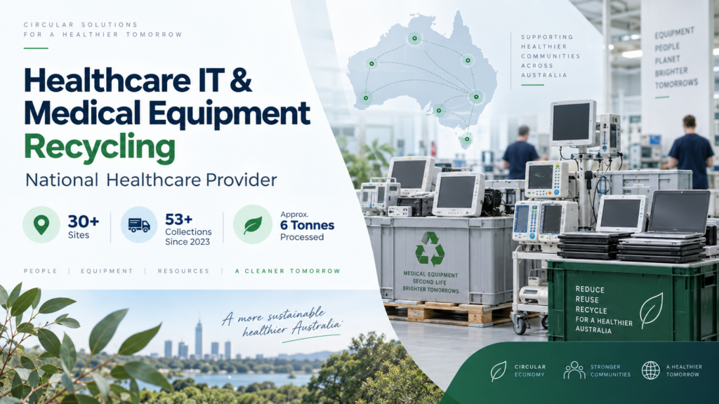 Healthcare IT and medical equipment recycling case study showing retired medical devices, laptops and monitors, with an Australia-wide collection network map.